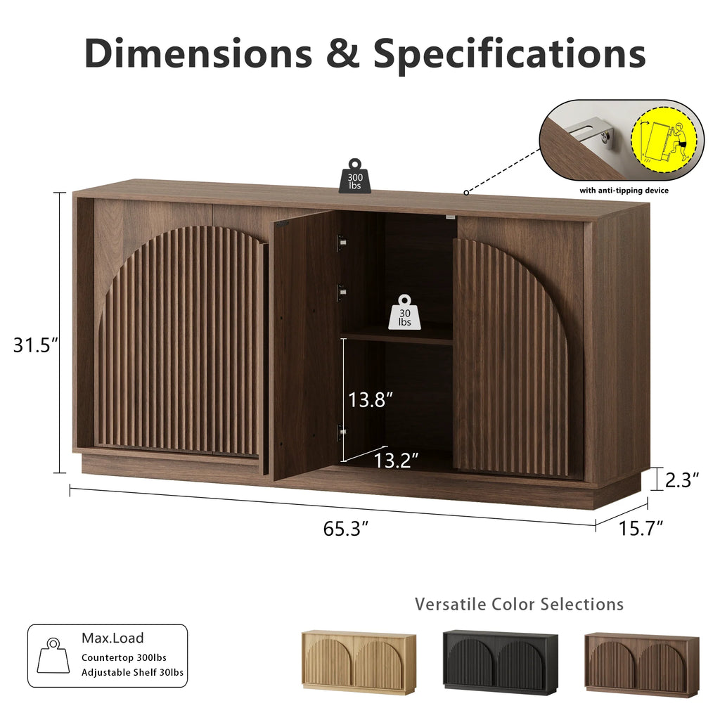 Fluted 4-Door Buffet Cabinet  Walnut