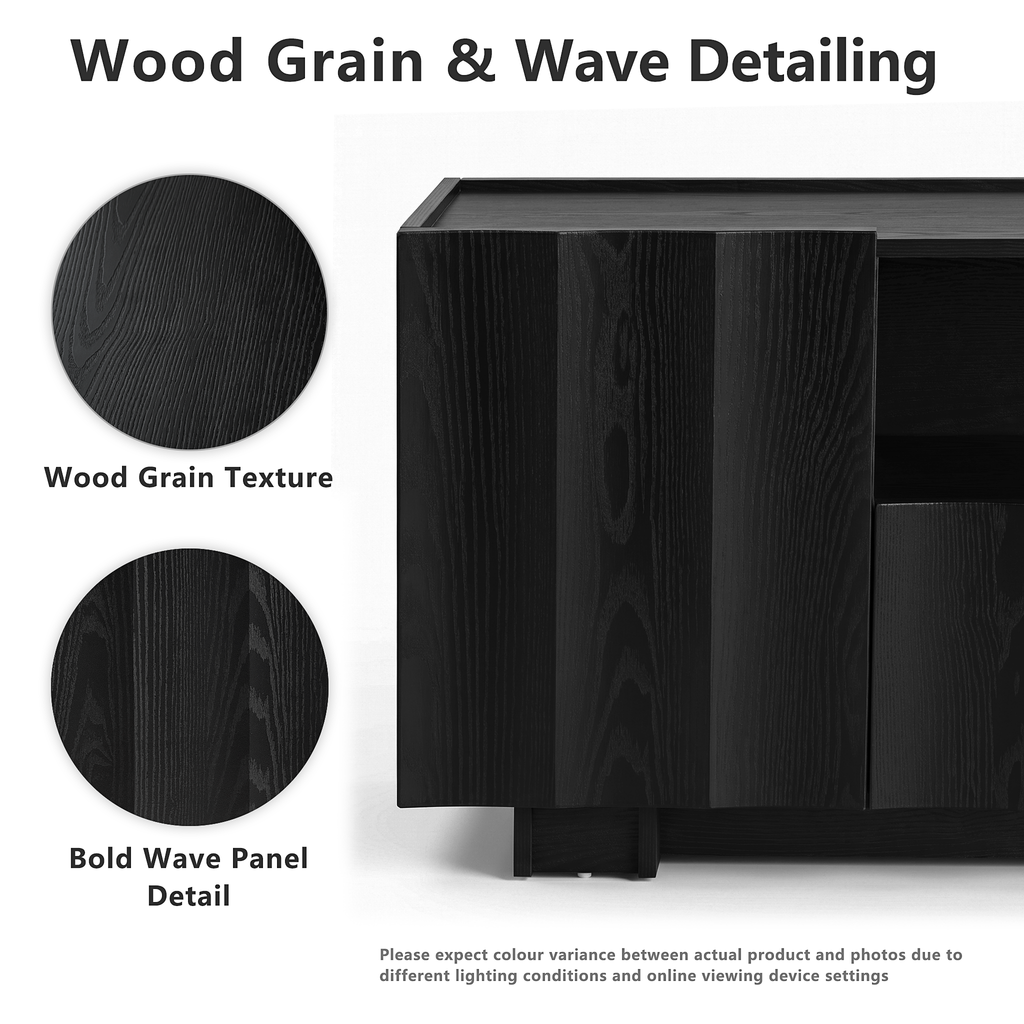 win2win 61" TV Stand for 70 Inch TV, Mid Century Modern TV Stand with Wave Design, Wood Grain Finish, Media Console with Adjustable Shelves, Entertainment Center for Living Room Bedroom, Black