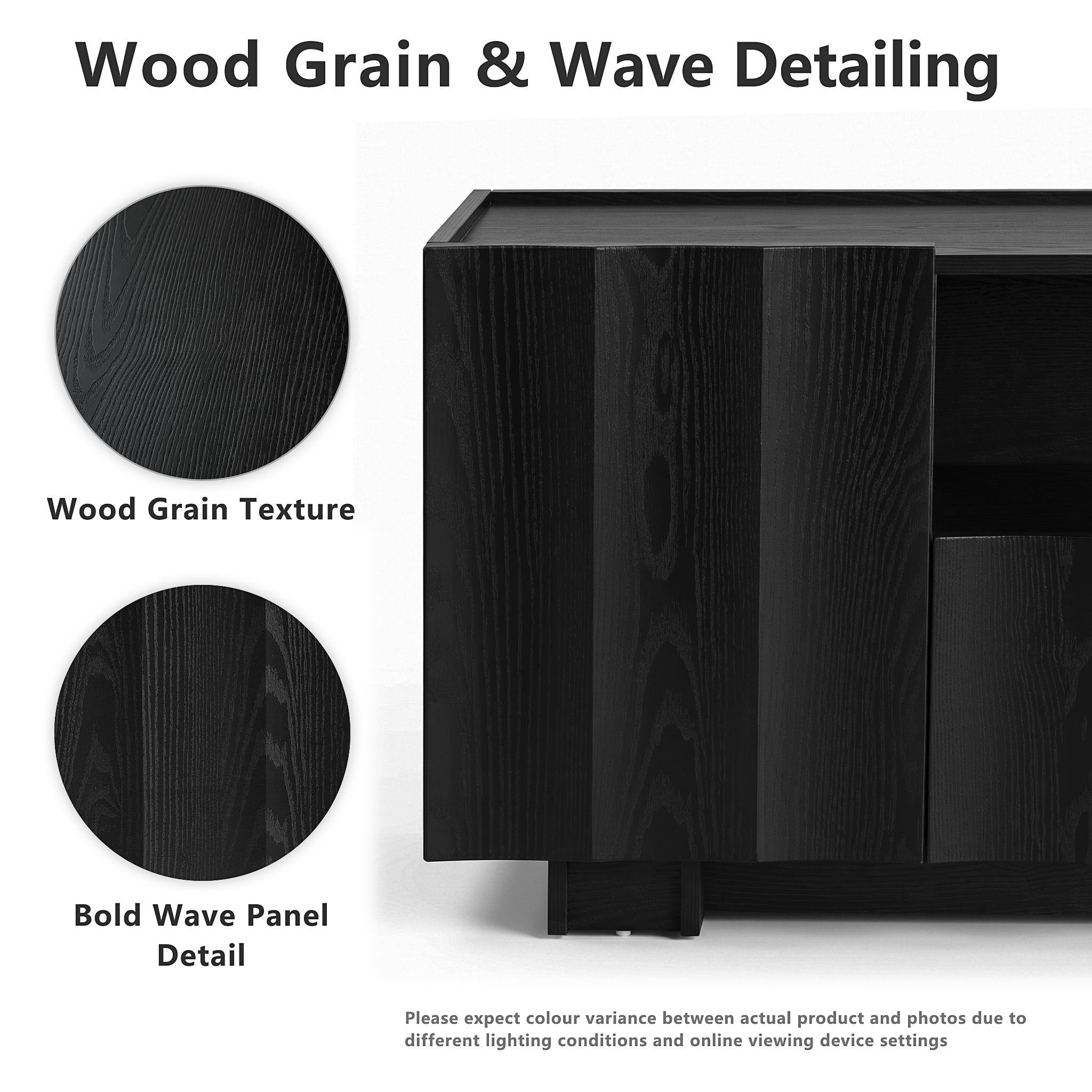 win2win 61" TV Stand for 70 Inch TV, Mid Century Modern TV Stand with Wave Design, Wood Grain Finish, Media Console with Adjustable Shelves, Entertainment Center for Living Room Bedroom, Black