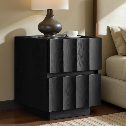 win2win Fluted Nightstand with Charging Station, Mid Century Modern Nightstand with Wave Design, Modern Bedside Table with Drawer Storage, Minimalist End Table for Bedroom Living Room, Blcak