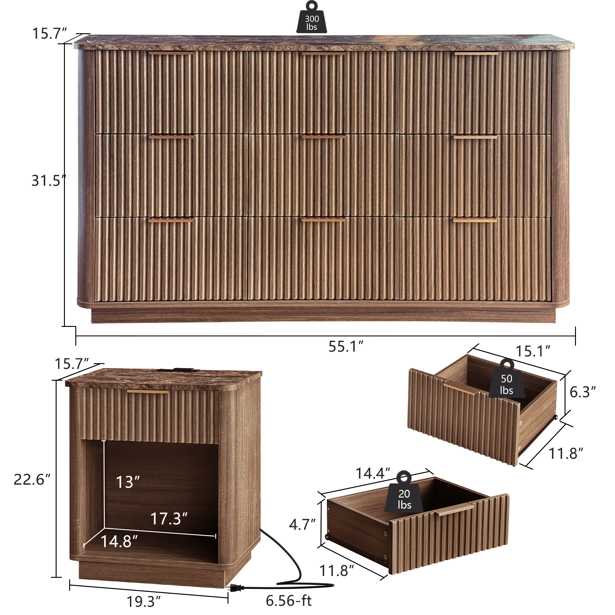 MINORA™ Arco Fluted 9 dresser Bedroom Set – Walnut