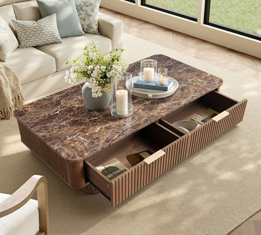 Win2win Fluted Coffee Table with Storage, Mid Century Modern Coffee Table with Faux Marble Top, Minimalist Rectangle Center Table with Sculptural Pedestal Legs & Drawers for Living Room/Office, Walnut Visit the win2win Store