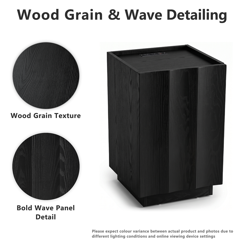 win2win Side Table with Charging Station, Modern Minimalist End Table with Wave Design, Wood Grain Finish, 15.4" Nightstand with Storage, Bedside Table for Bedroom Living Room, Black