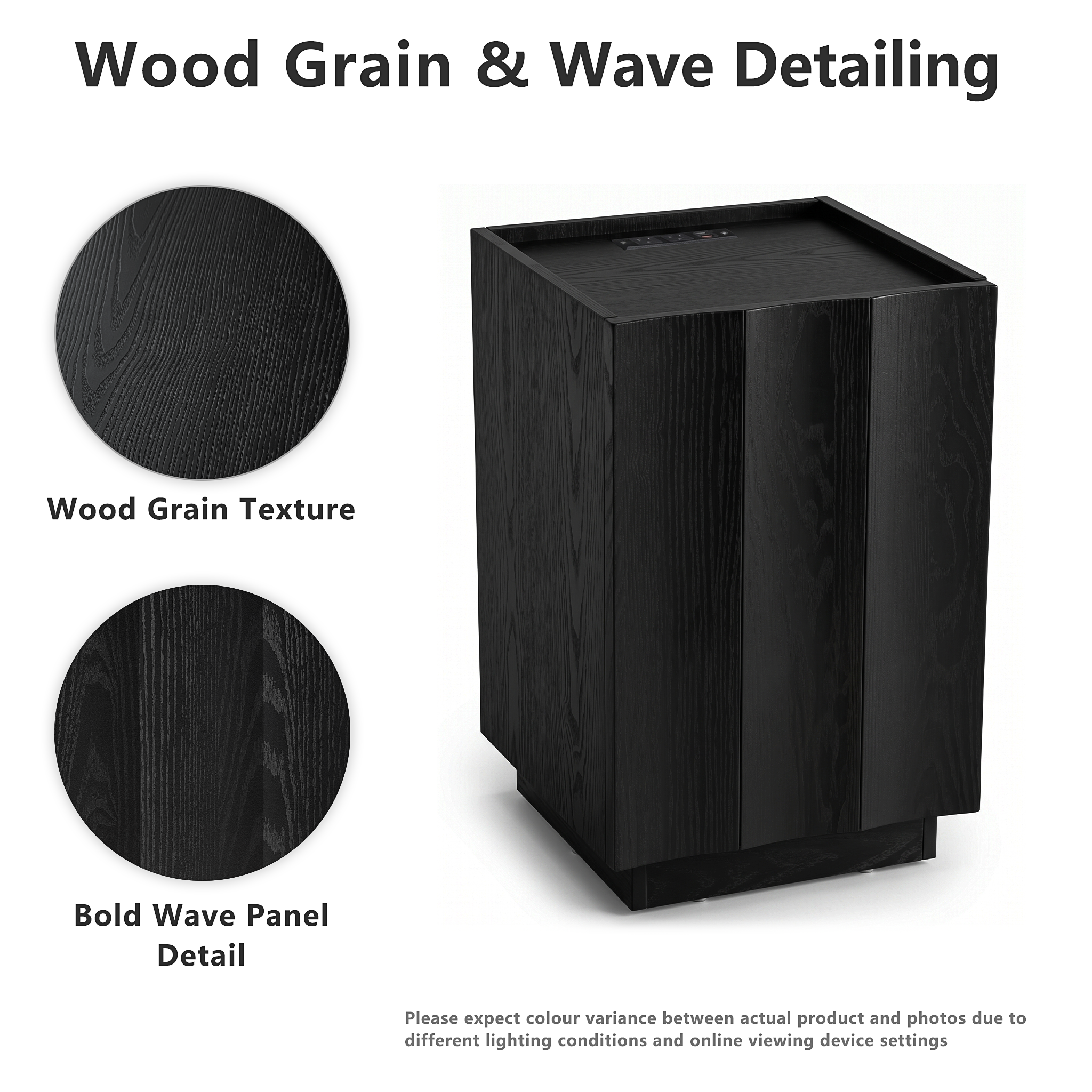 win2win Side Table with Charging Station, Modern Minimalist End Table with Wave Design, Wood Grain Finish, 15.4" Nightstand with Storage, Bedside Table for Bedroom Living Room, Black