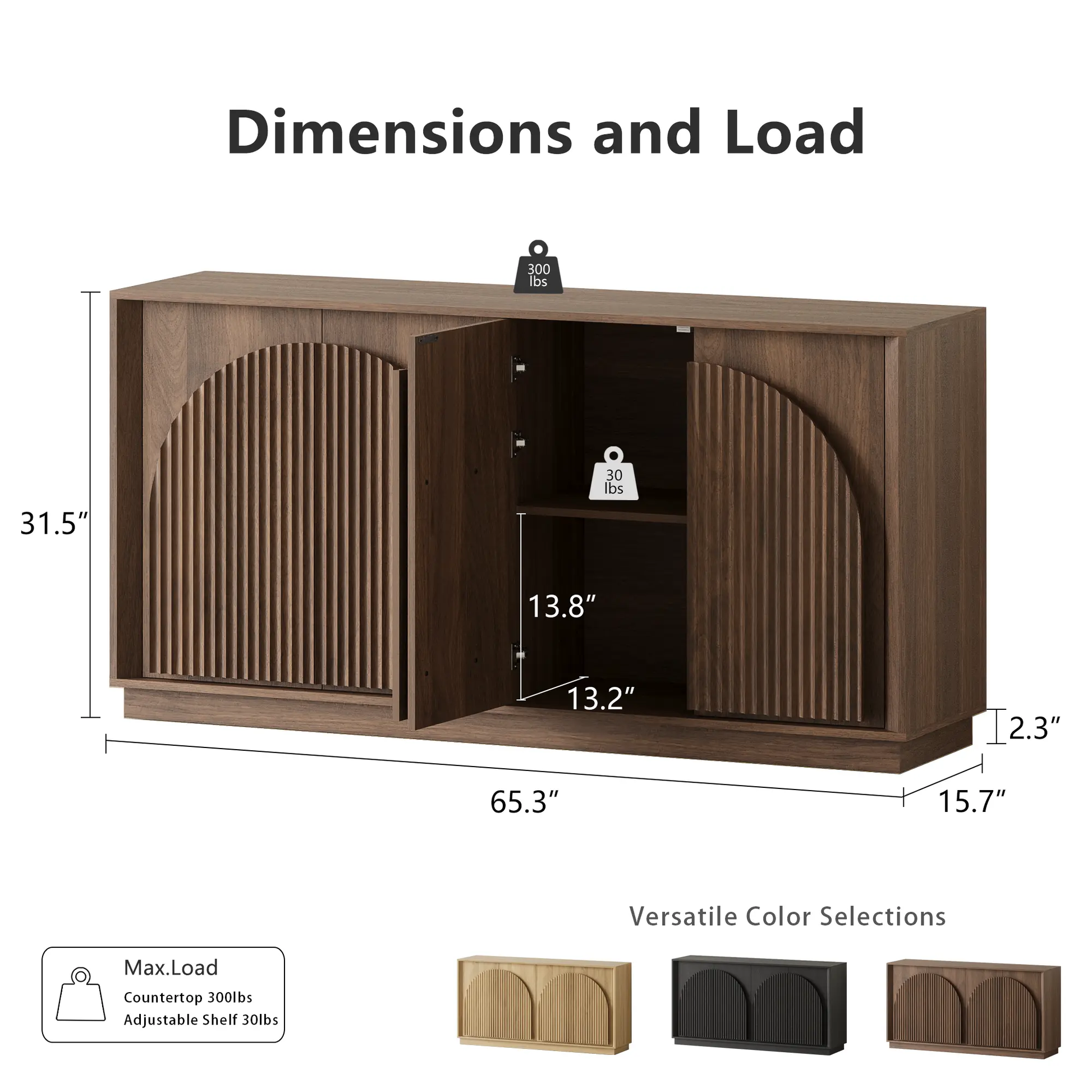 Win2Win Fluted 4-Door Sideboard Buffet Cabinet – 65" Walnut win2win