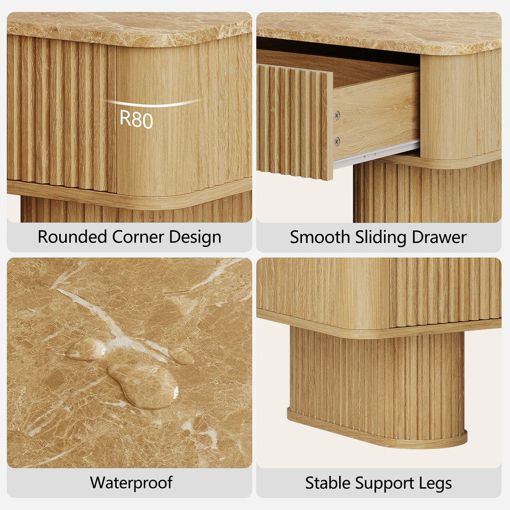 win2win Fluted Coffee Table with Storage, Boho Modern Coffee Table with Faux Marble Top, Minimalist Rectangle Center Table with Sculptural Pedestal Legs & Drawers for Living Room, Office, Oak