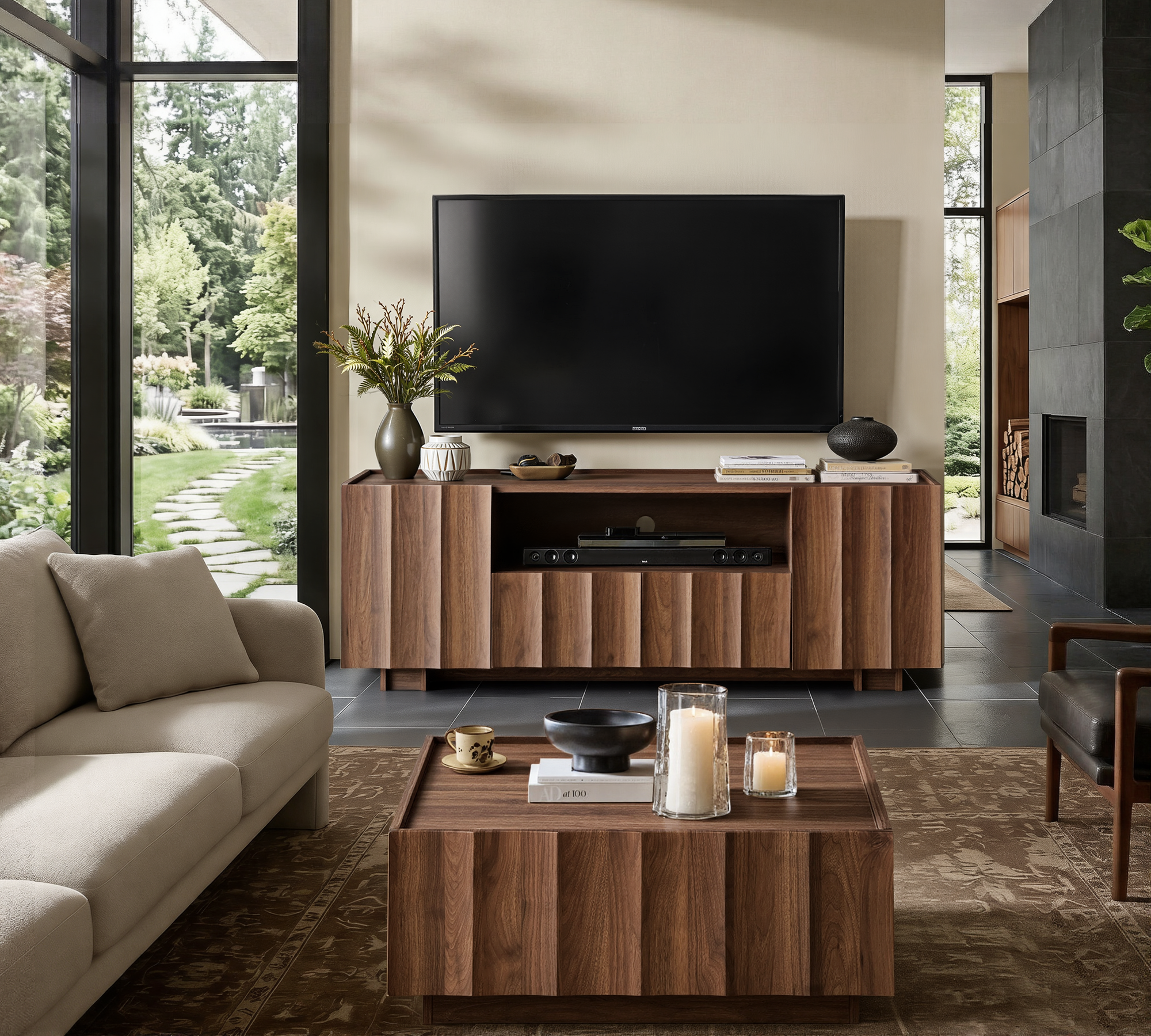win2win 61" TV Stand for 70 Inch TV, Mid Century Modern TV Stand with Wave Design, Wood Grain Finish, Media Console with Adjustable Shelves, Entertainment Center for Living Room Bedroom, Walnut