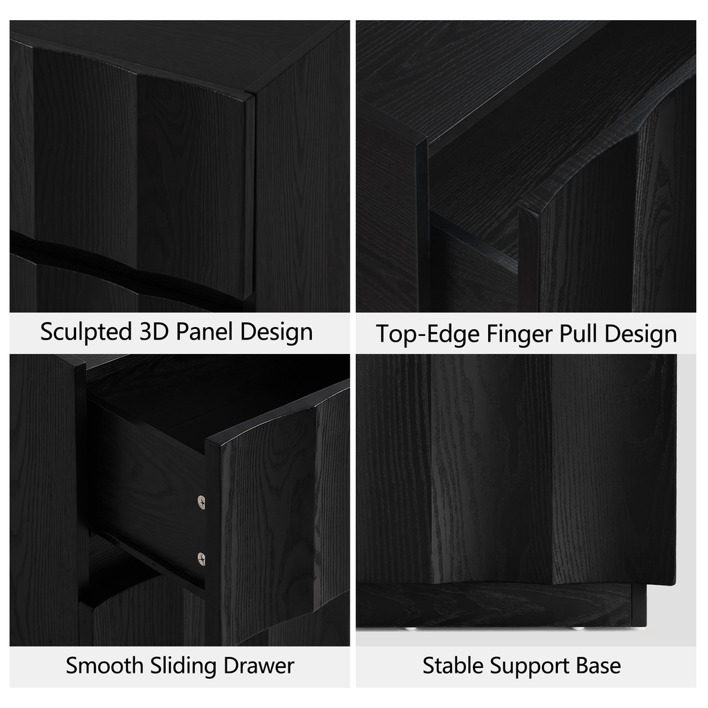win2win Fluted Nightstand with Charging Station, Mid Century Modern Nightstand with Wave Design, Modern Bedside Table with Drawer Storage, Minimalist End Table for Bedroom Living Room, Blcak