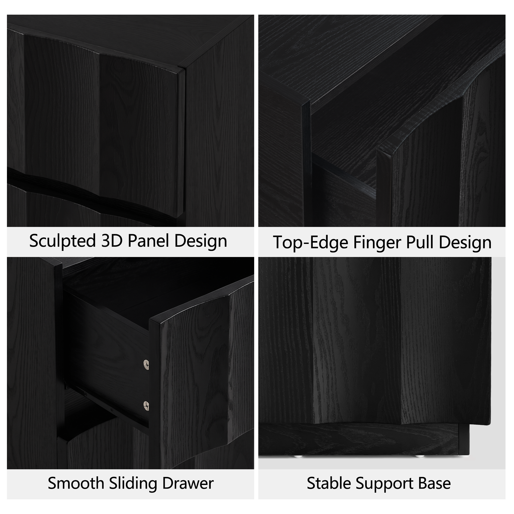 win2win Fluted Nightstand with Charging Station, Mid Century Modern Nightstand with Wave Design, Modern Bedside Table with Drawer Storage, Minimalist End Table for Bedroom Living Room, Blcak