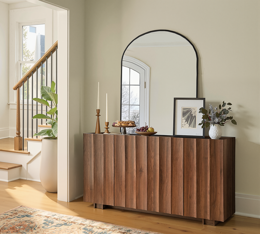 win2win 61.7" Buffet Cabinet with Storage, Mid Century Modern Sideboard with Wave Design, Wood Grain Finish, Credenza with Adjustable Shelves, Modular Cabinets for Living Dining Room Hallway, Walnut