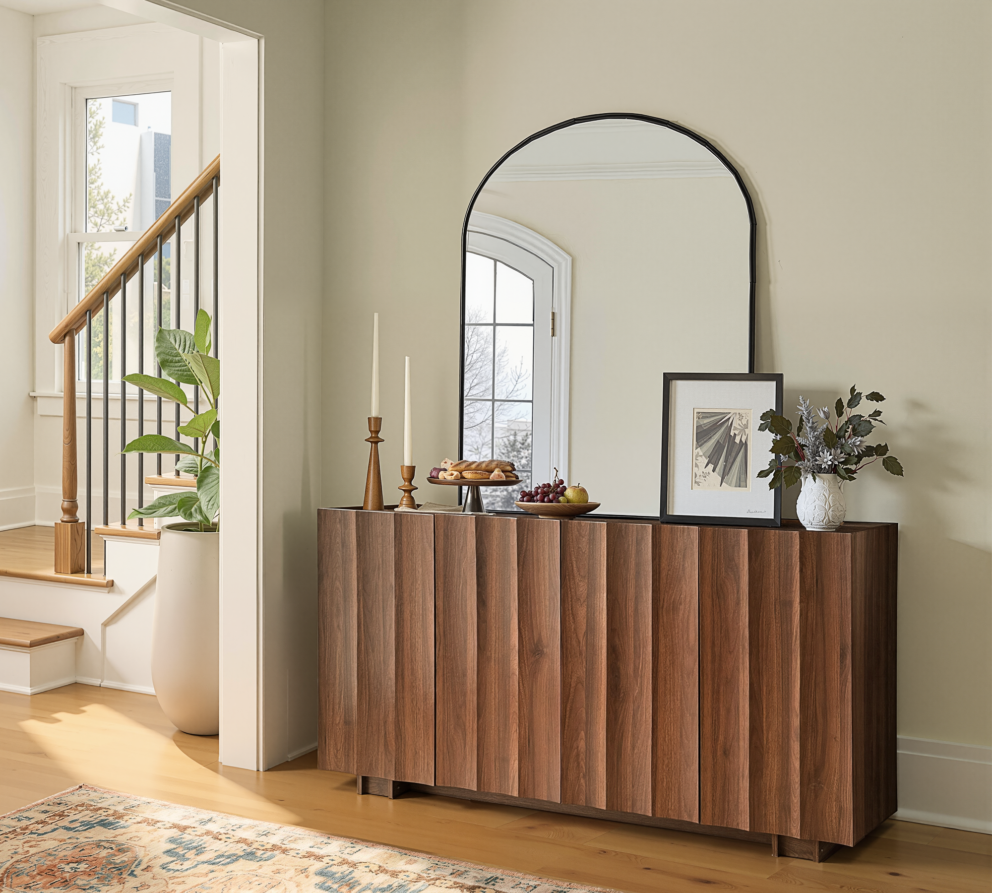 win2win 61.7" Buffet Cabinet with Storage, Mid Century Modern Sideboard with Wave Design, Wood Grain Finish, Credenza with Adjustable Shelves, Modular Cabinets for Living Dining Room Hallway, Walnut
