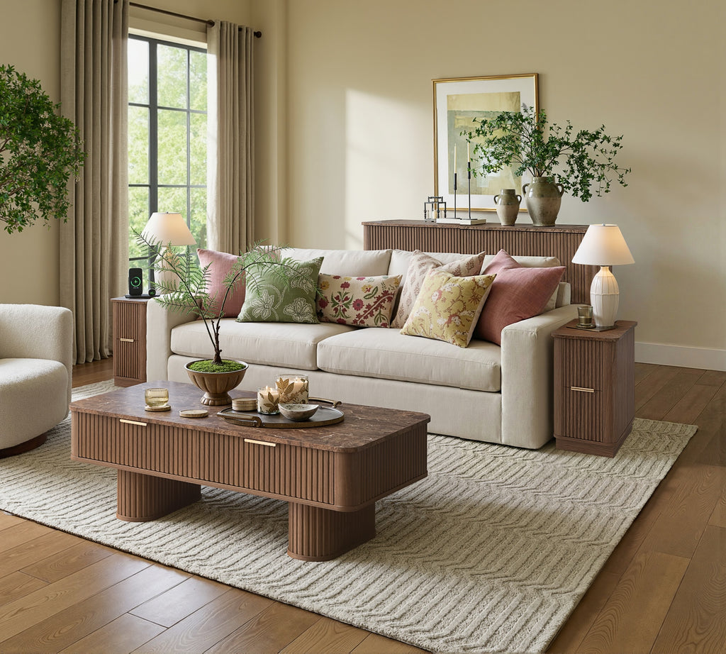 Win2win Fluted Coffee Table with Storage, Mid Century Modern Coffee Table with Faux Marble Top, Minimalist Rectangle Center Table with Sculptural Pedestal Legs & Drawers for Living Room/Office, Walnut Visit the win2win Store