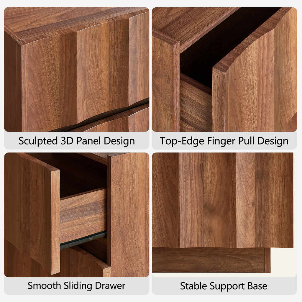 win2win Fluted Nightstand with Charging Station, Mid Century Modern Nightstand with Wave Design, Modern Bedside Table with Drawer Storage, Minimalist End Table for Bedroom Living Room, Walnut