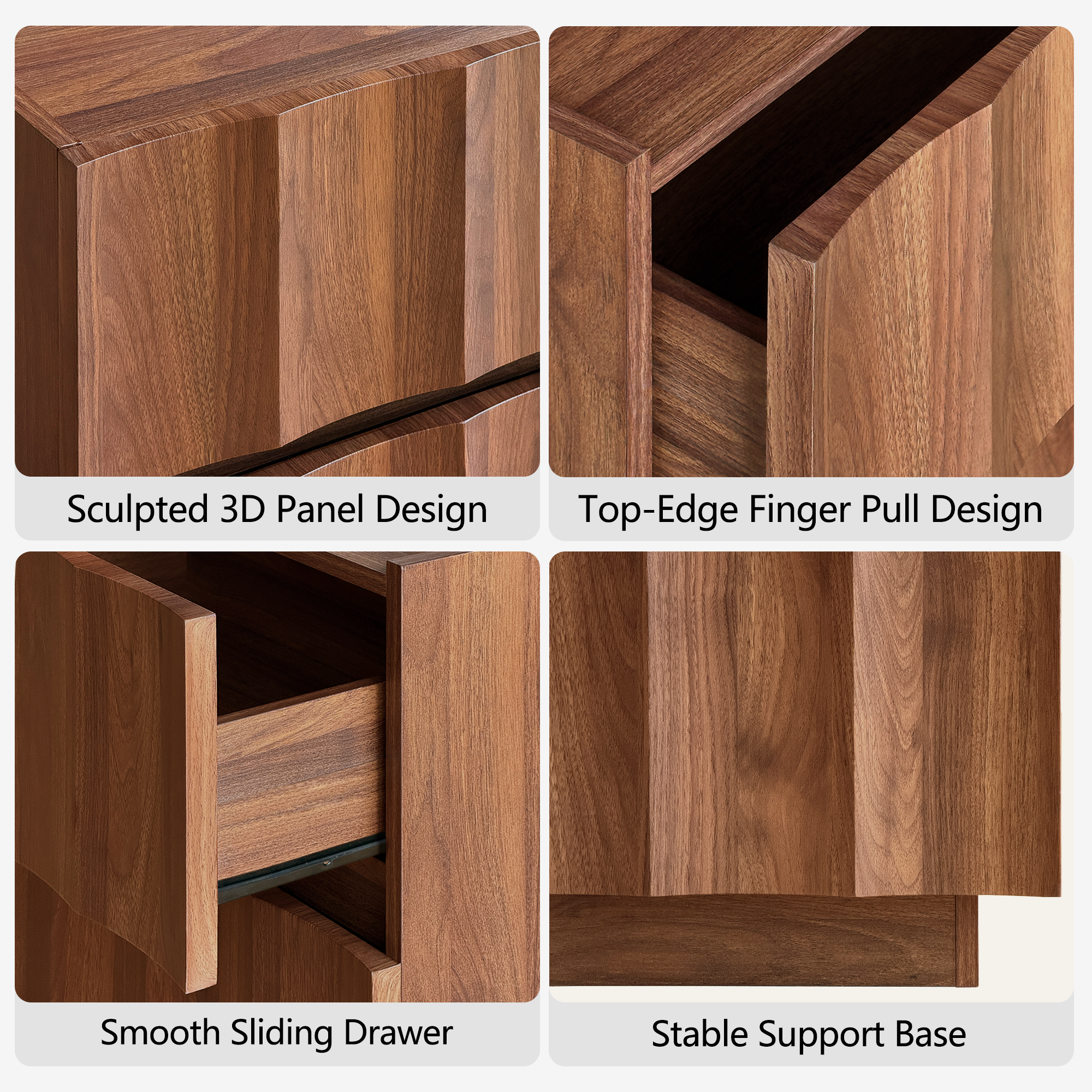 win2win Fluted Nightstand with Charging Station, Mid Century Modern Nightstand with Wave Design, Modern Bedside Table with Drawer Storage, Minimalist End Table for Bedroom Living Room, Walnut
