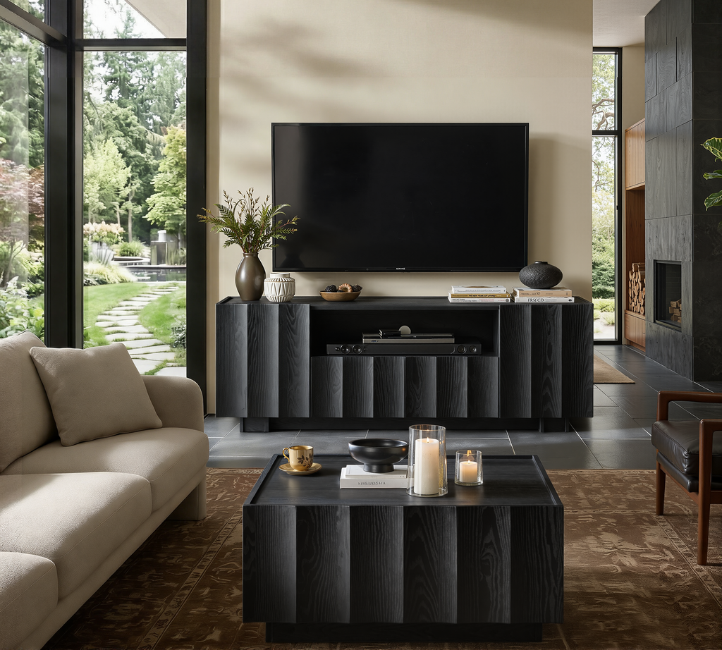 win2win 61" TV Stand for 70 Inch TV, Mid Century Modern TV Stand with Wave Design, Wood Grain Finish, Media Console with Adjustable Shelves, Entertainment Center for Living Room Bedroom, Black