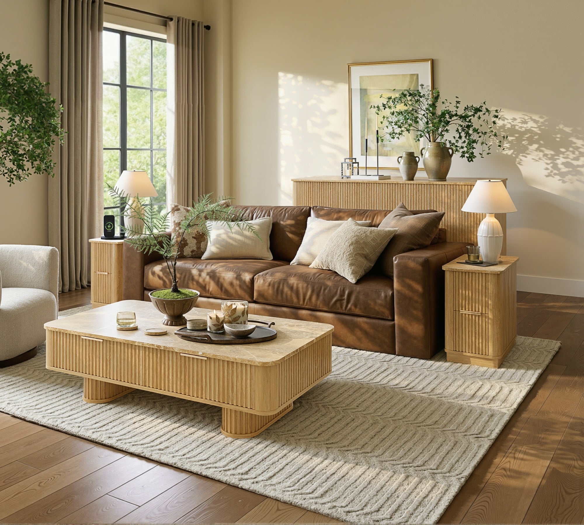 win2win Fluted Coffee Table with Storage, Boho Modern Coffee Table with Faux Marble Top, Minimalist Rectangle Center Table with Sculptural Pedestal Legs & Drawers for Living Room, Office, Oak