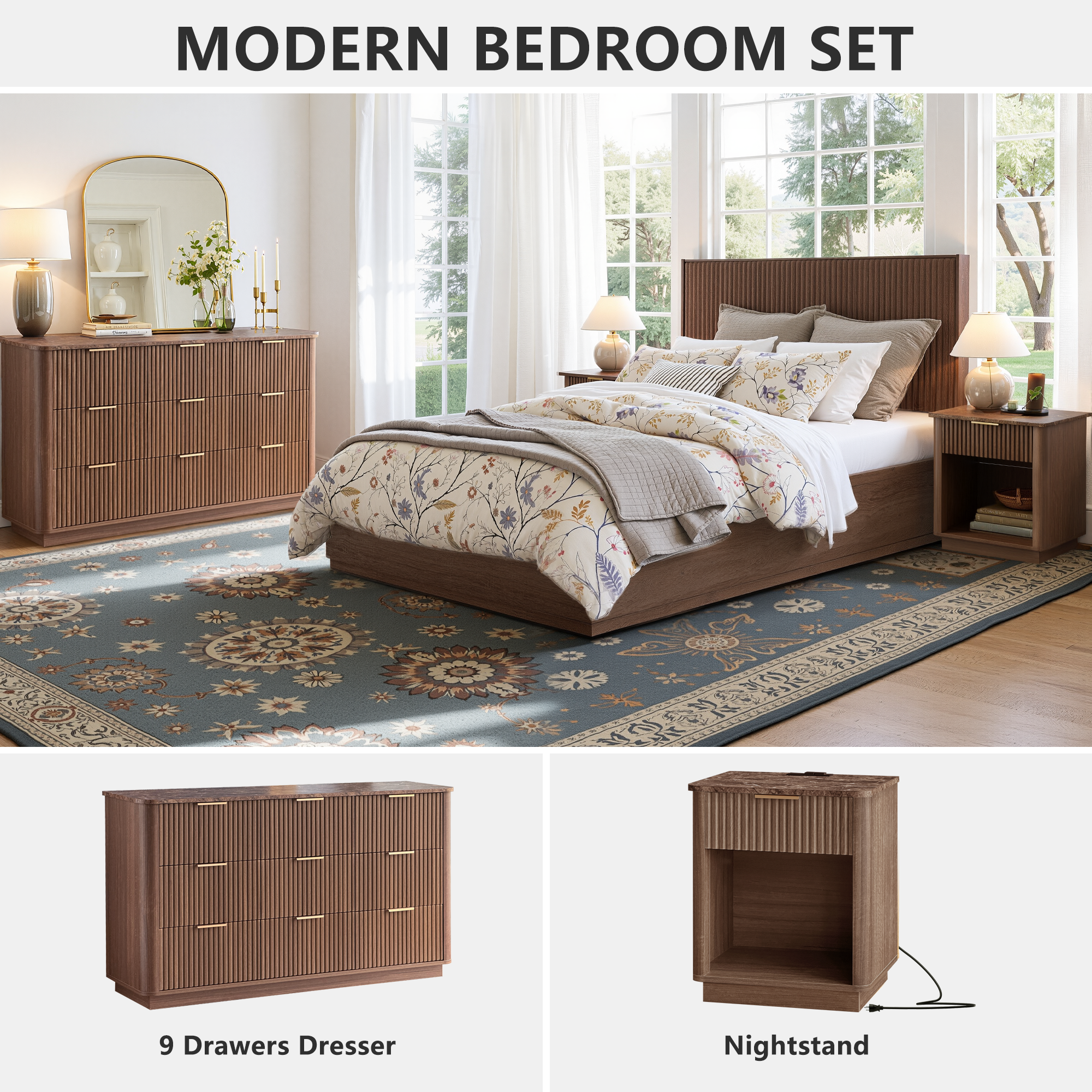 MINORA™ Arco Fluted 9 dresser Bedroom Set – Walnut