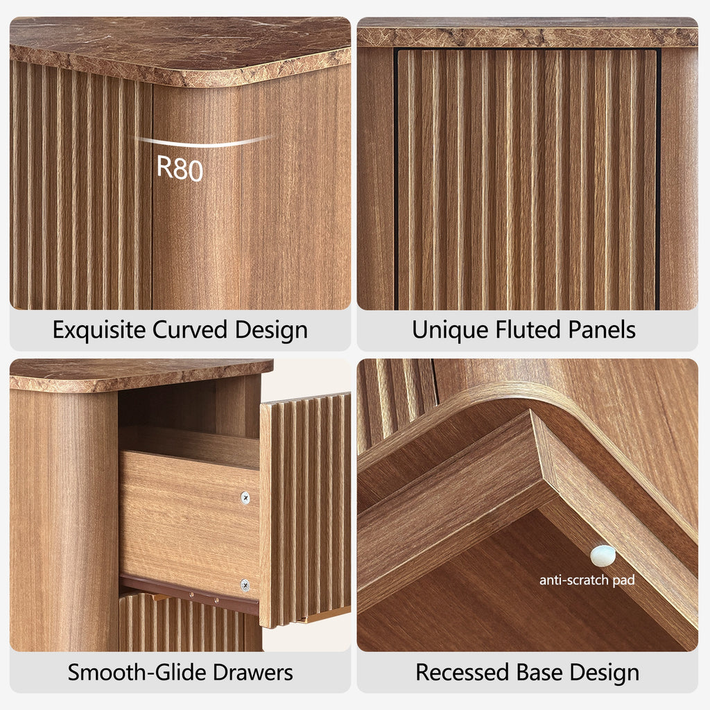 WIN2WIN Narrow End Table with Charging Station, Fluted Side Table with Faux Marble Top, Skinny Mid-Century Modern Nightstand, Small Bedside Table with Drawers & Storage for Living Room Bedroom, Walnut