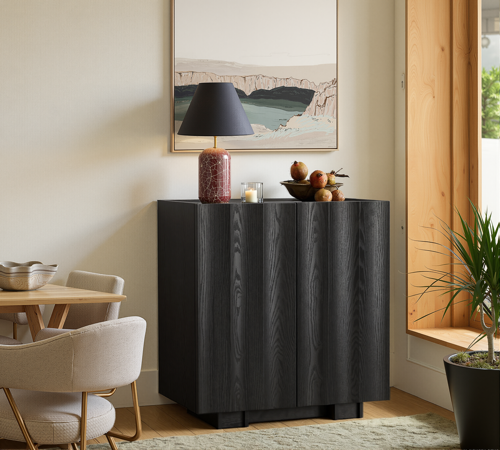win2win Buffet Cabinet with Storage, Mid Century Modern Sideboard with Wave Design, Wood Grain Finish, Credenza with Adjustable Shelves, Modular Accent Cabinets for Living Dining Room Hallway, Black