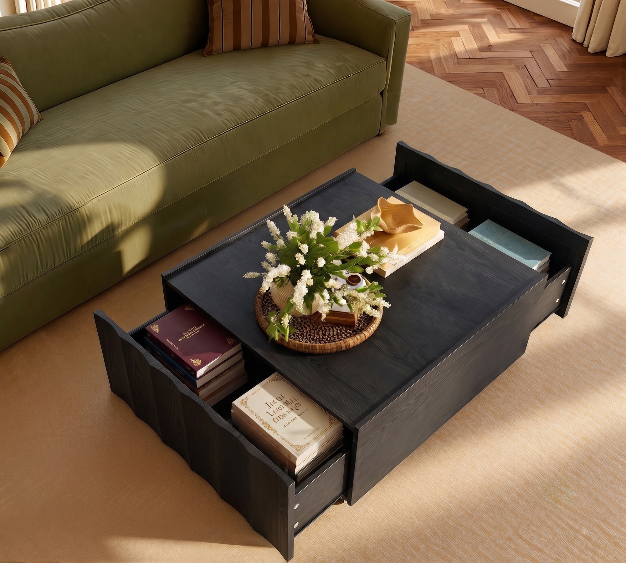 win2win Square Coffee Table with Storage, Mid Century Modern Coffee Table with Wave Design, Wood Grain Finish, Minimalist Center Table with Top-Edge Finger Pull Design for Living Room, Office, Black