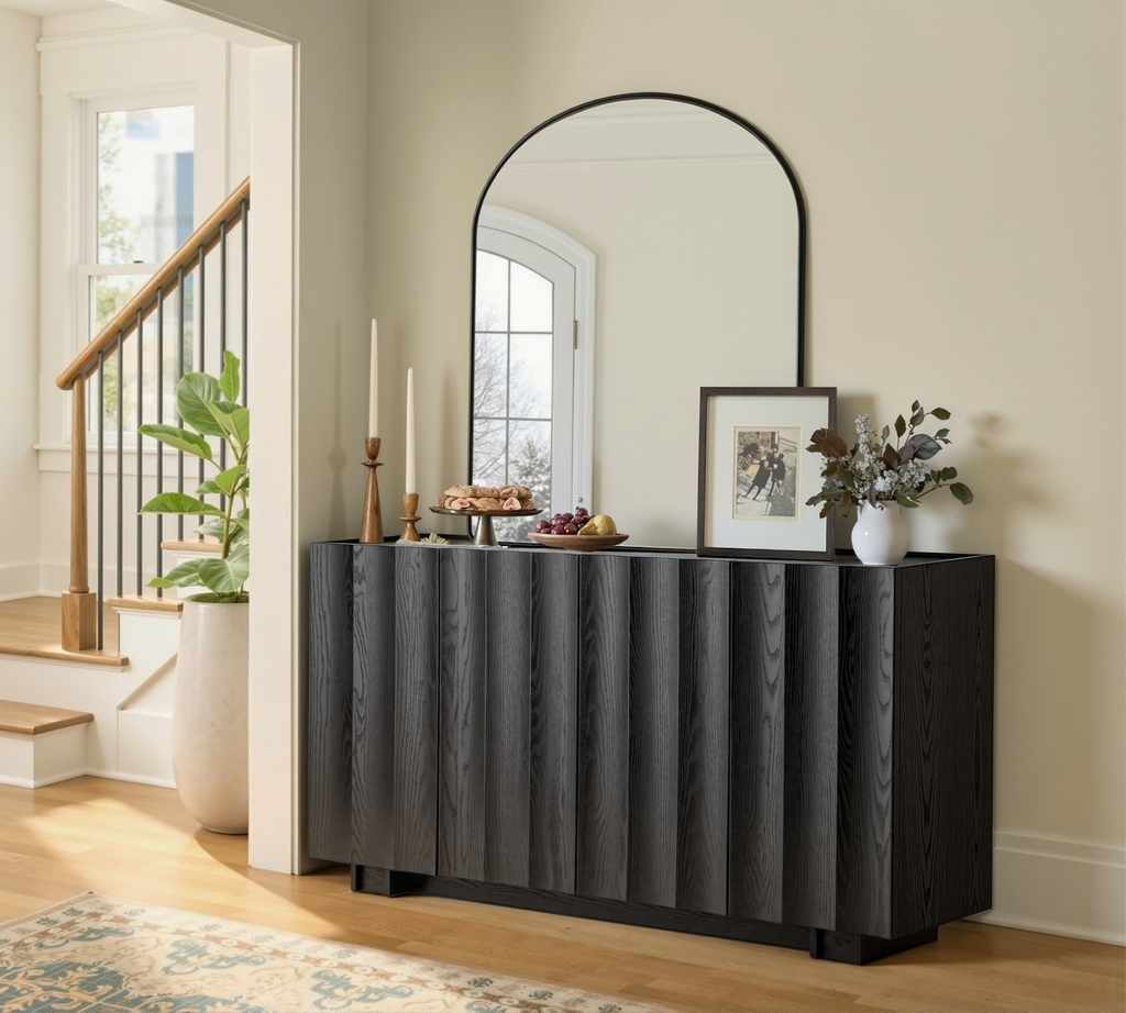 win2win Buffet Cabinet with Storage, Mid Century Modern Sideboard with Wave Design, Wood Grain Finish, Credenza with Adjustable Shelves, Modular Cabinets for Living Dining Room Hallway, Black