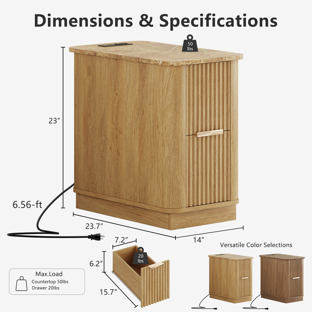 win2win Narrow End Table with Charging Station, Fluted Side Table with Faux Marble Top, Skinny Modern Boho Nightstand, Slim End Table with Drawers & Storage for Living Room, Bedroom, Oak