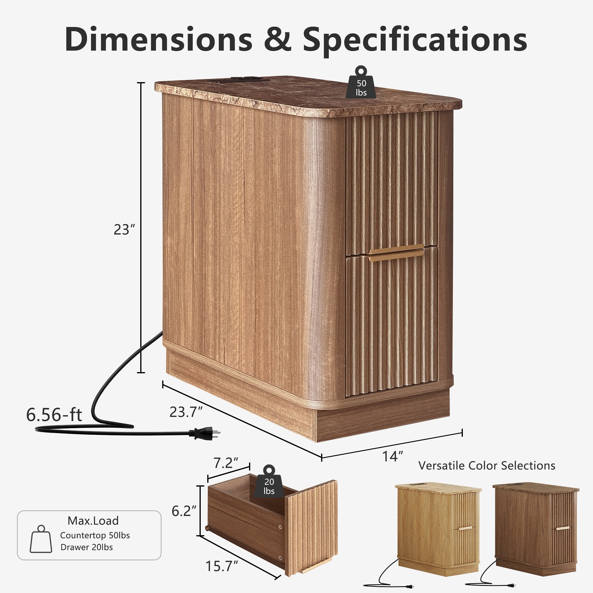 WIN2WIN Narrow End Table with Charging Station, Fluted Side Table with Faux Marble Top, Skinny Mid-Century Modern Nightstand, Small Bedside Table with Drawers & Storage for Living Room Bedroom, Walnut