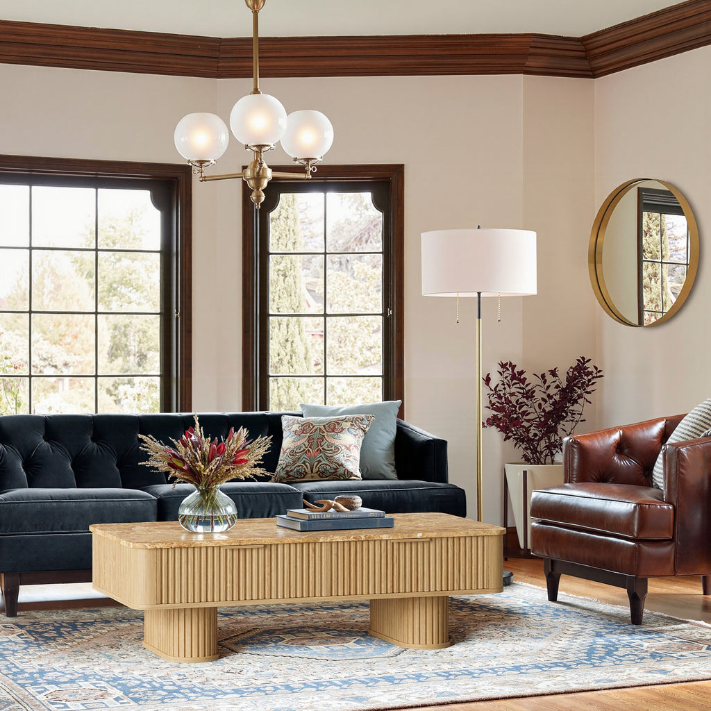 win2win Fluted Coffee Table with Storage, Boho Modern Coffee Table with Faux Marble Top, Minimalist Rectangle Center Table with Sculptural Pedestal Legs & Drawers for Living Room, Office, Oak