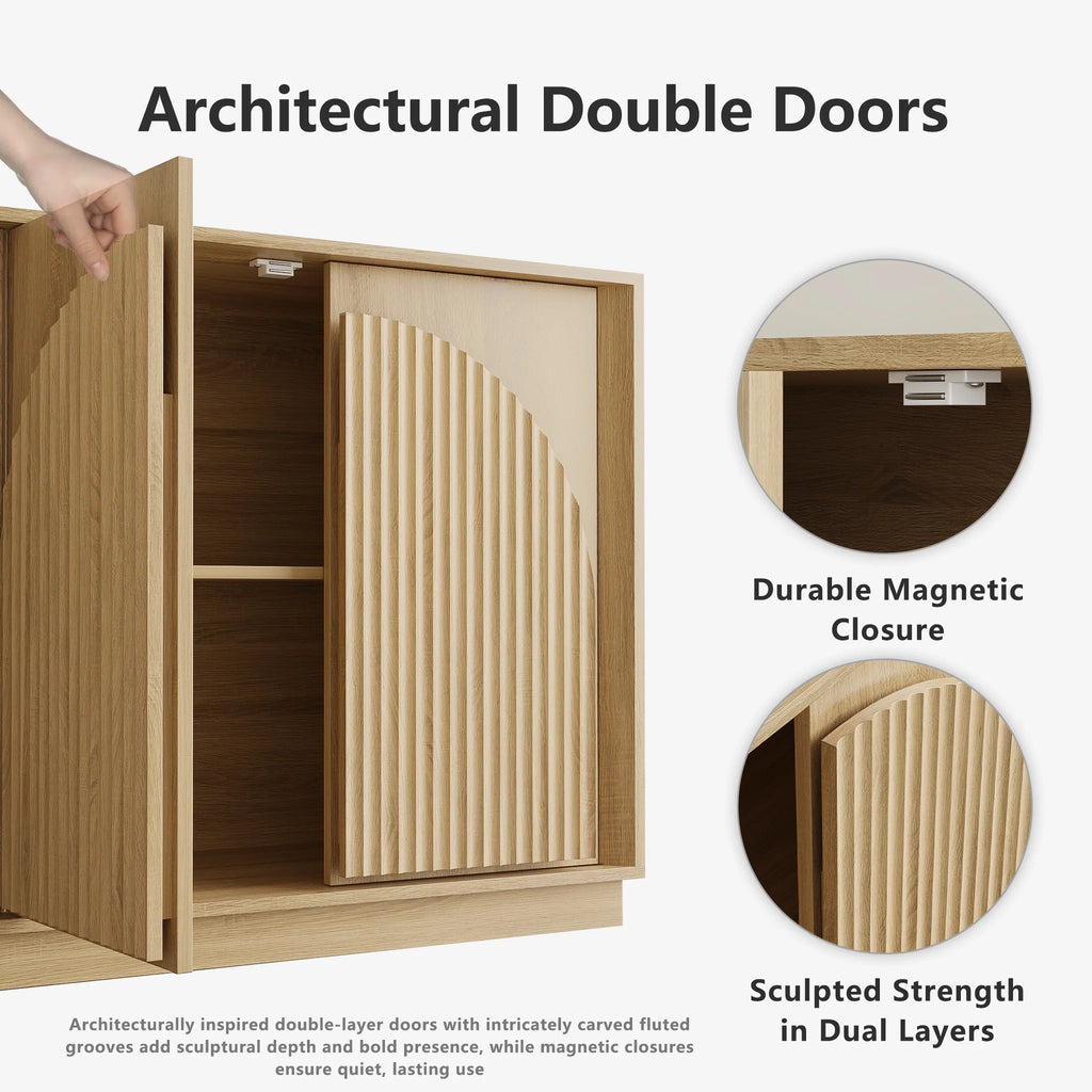 Fluted 4-Door Buffet Cabinet  Oak
