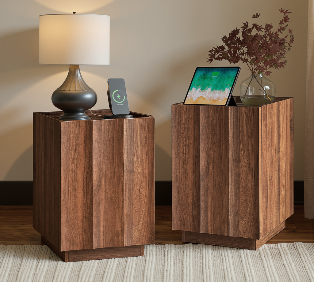 win2win Side Table with Charging Station, Mid Century Modern End Table with Wave Design, Wood Grain Finish, 15.4" Nightstand with Storage, Bedside Table for Bedroom Living Room, Walnut
