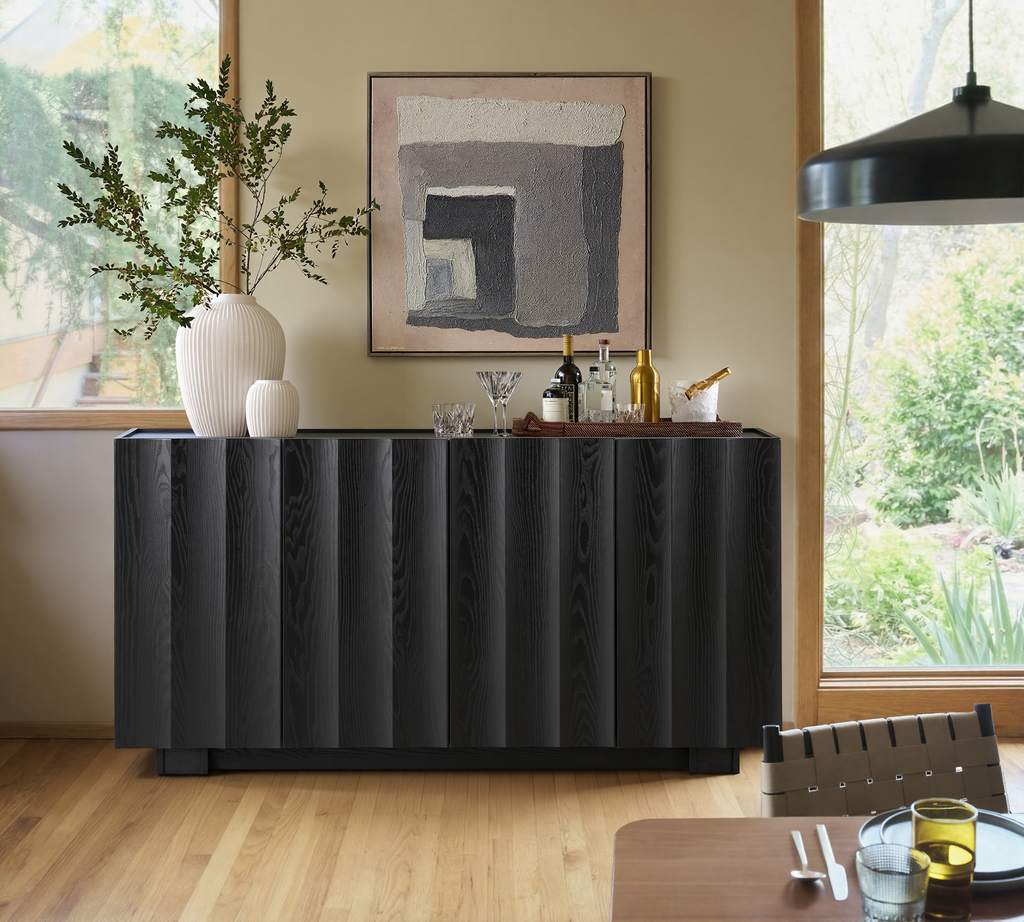 win2win Buffet Cabinet with Storage, Mid Century Modern Sideboard with Wave Design, Wood Grain Finish, Credenza with Adjustable Shelves, Modular Cabinets for Living Dining Room Hallway, Black