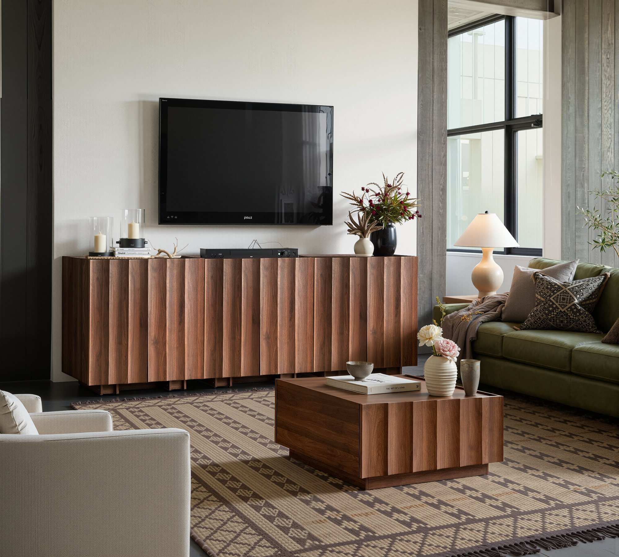 win2win Buffet Cabinet with Storage, Mid Century Modern Sideboard with Wave Design, Wood Grain Finish, Credenza with Adjustable Shelves, Modular Accent Cabinets for Living Dining Room Hallway, Walnut