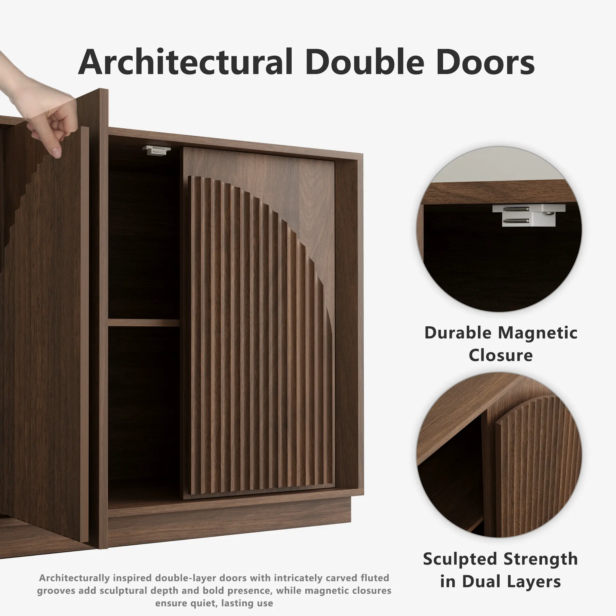 Win2Win Fluted 4-Door Sideboard Buffet Cabinet – 65" Walnut win2win