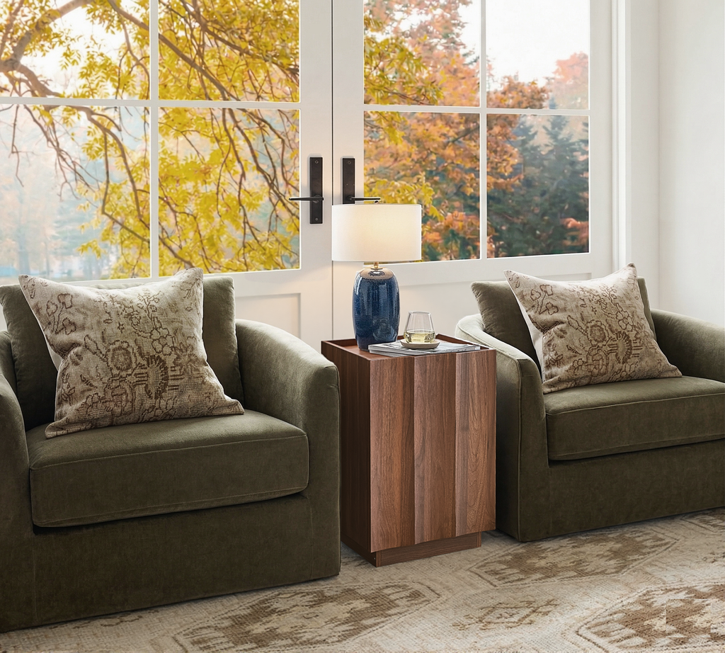 win2win Side Table with Charging Station, Mid Century Modern End Table with Wave Design, Wood Grain Finish, 15.4" Nightstand with Storage, Bedside Table for Bedroom Living Room, Walnut
