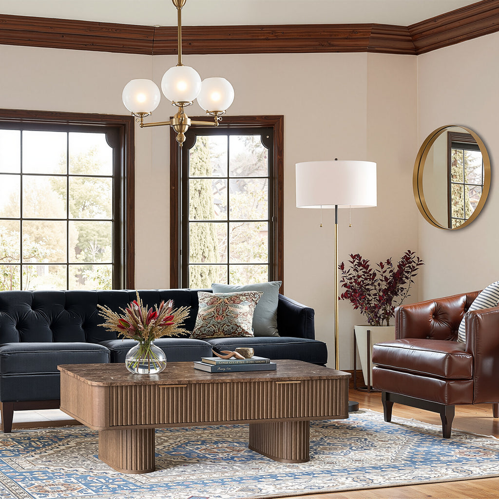 Win2win Fluted Coffee Table with Storage, Mid Century Modern Coffee Table with Faux Marble Top, Minimalist Rectangle Center Table with Sculptural Pedestal Legs & Drawers for Living Room/Office, Walnut Visit the win2win Store