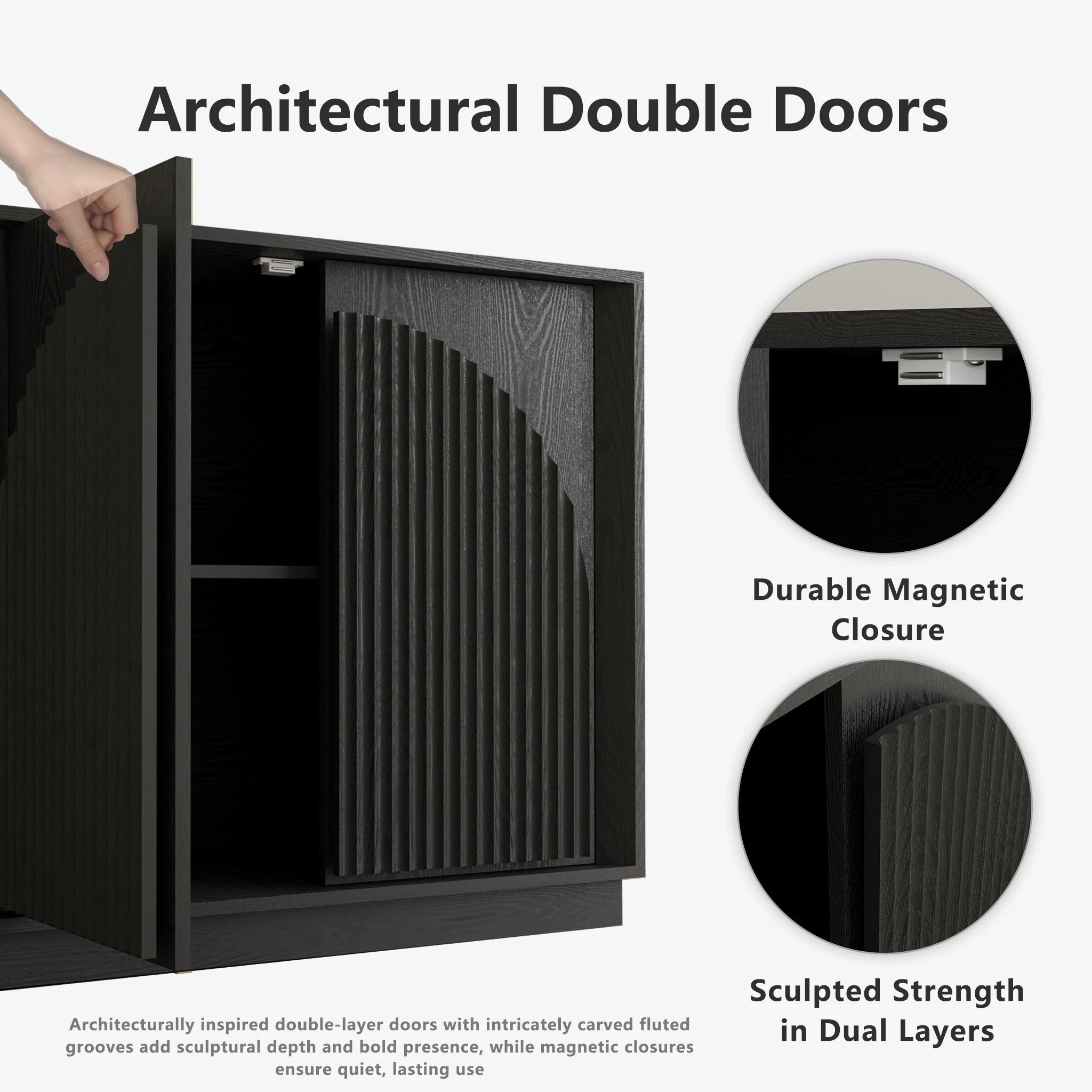Fluted 4-Door Buffet Cabinet Black