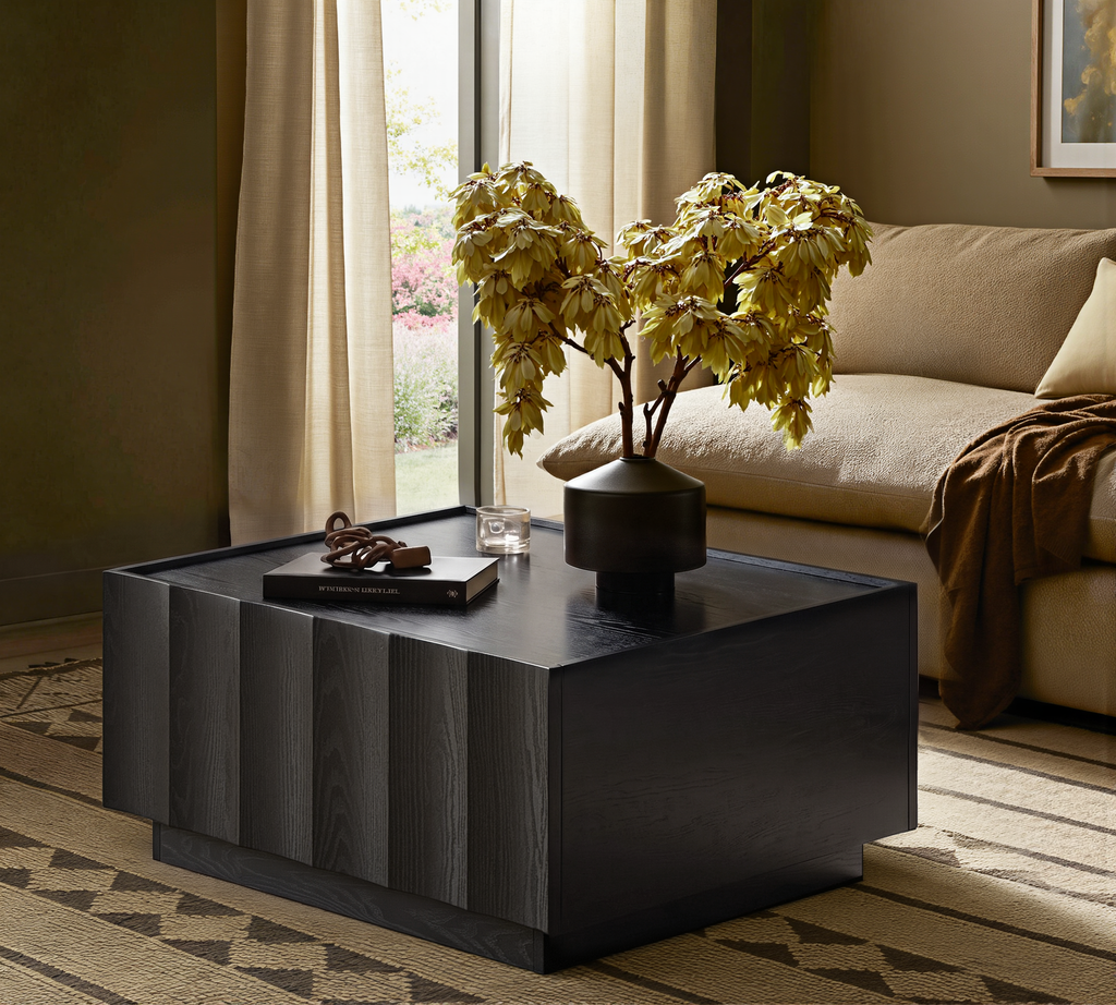 win2win Square Coffee Table with Storage, Mid Century Modern Coffee Table with Wave Design, Wood Grain Finish, Minimalist Center Table with Top-Edge Finger Pull Design for Living Room, Office, Black