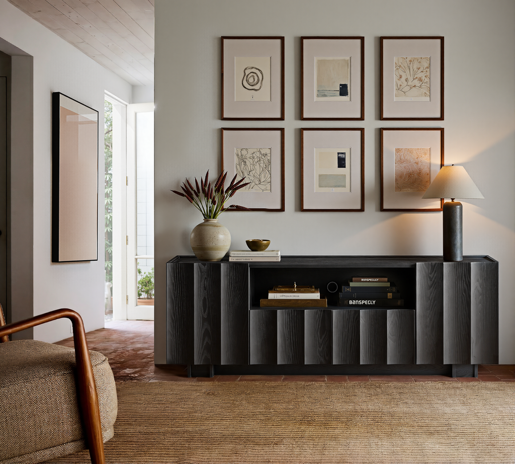 win2win 61" TV Stand for 70 Inch TV, Mid Century Modern TV Stand with Wave Design, Wood Grain Finish, Media Console with Adjustable Shelves, Entertainment Center for Living Room Bedroom, Black