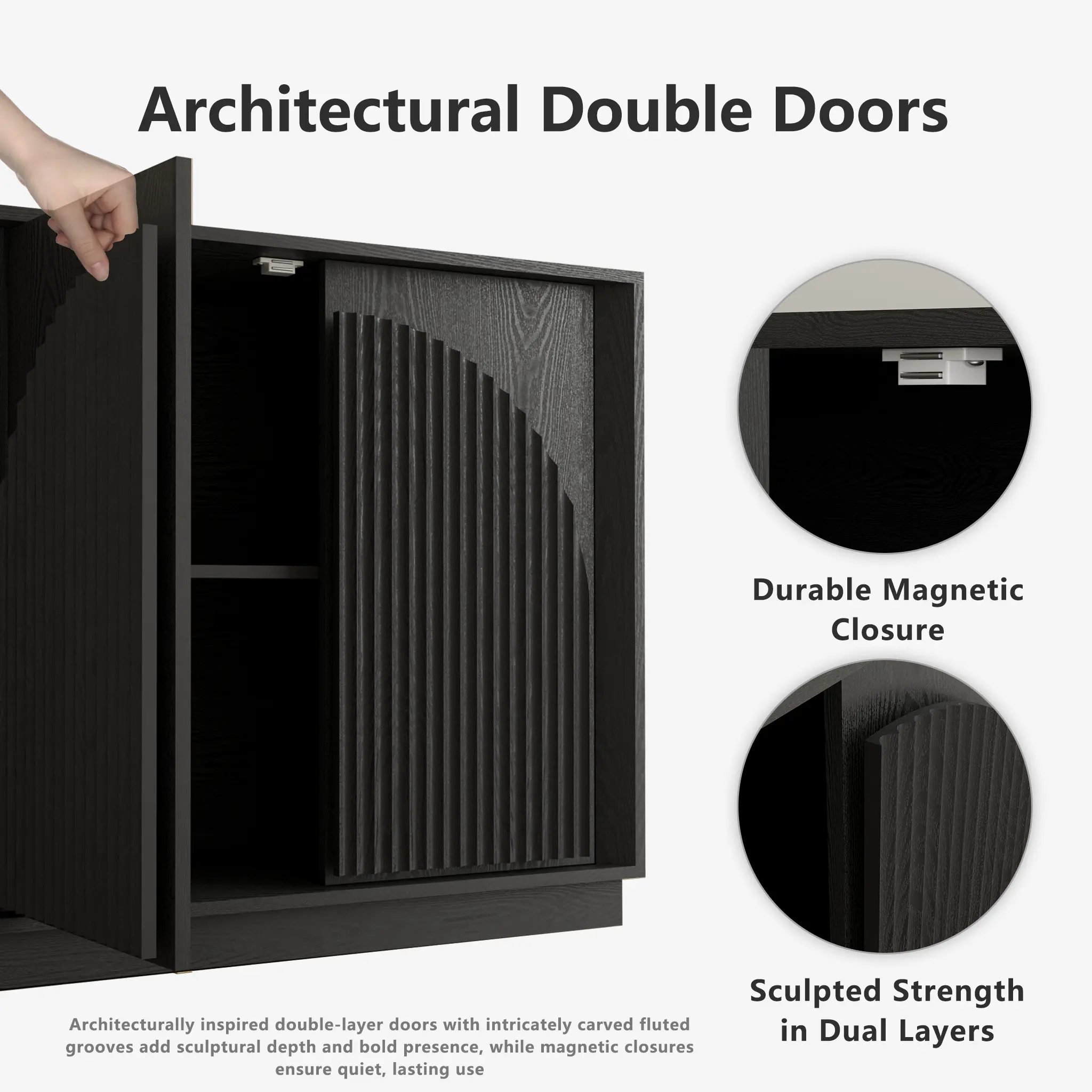 Win2Win Fluted 4-Door Sideboard Buffet Cabinet – 65" Black win2win