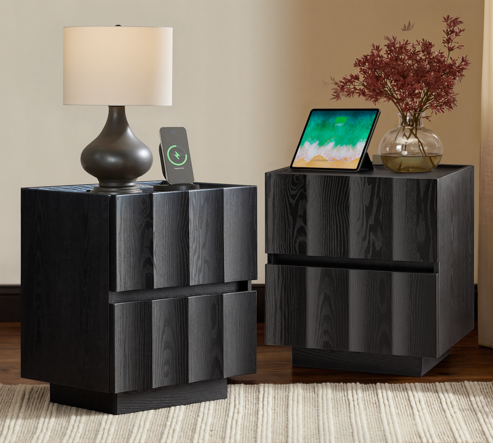 win2win Fluted Nightstand with Charging Station, Mid Century Modern Nightstand with Wave Design, Modern Bedside Table with Drawer Storage, Minimalist End Table for Bedroom Living Room, Blcak