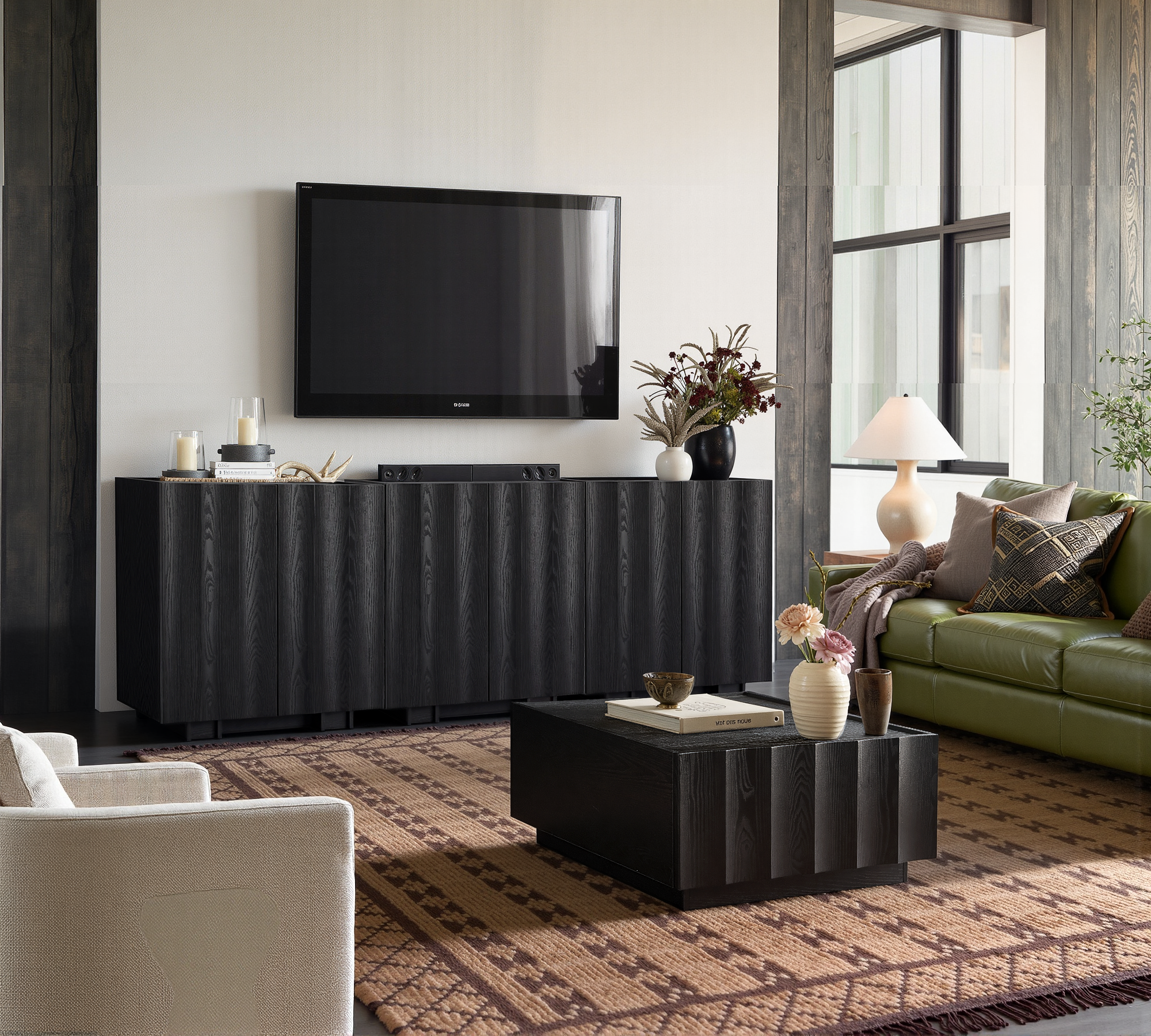 win2win Buffet Cabinet with Storage, Mid Century Modern Sideboard with Wave Design, Wood Grain Finish, Credenza with Adjustable Shelves, Modular Accent Cabinets for Living Dining Room Hallway, Black