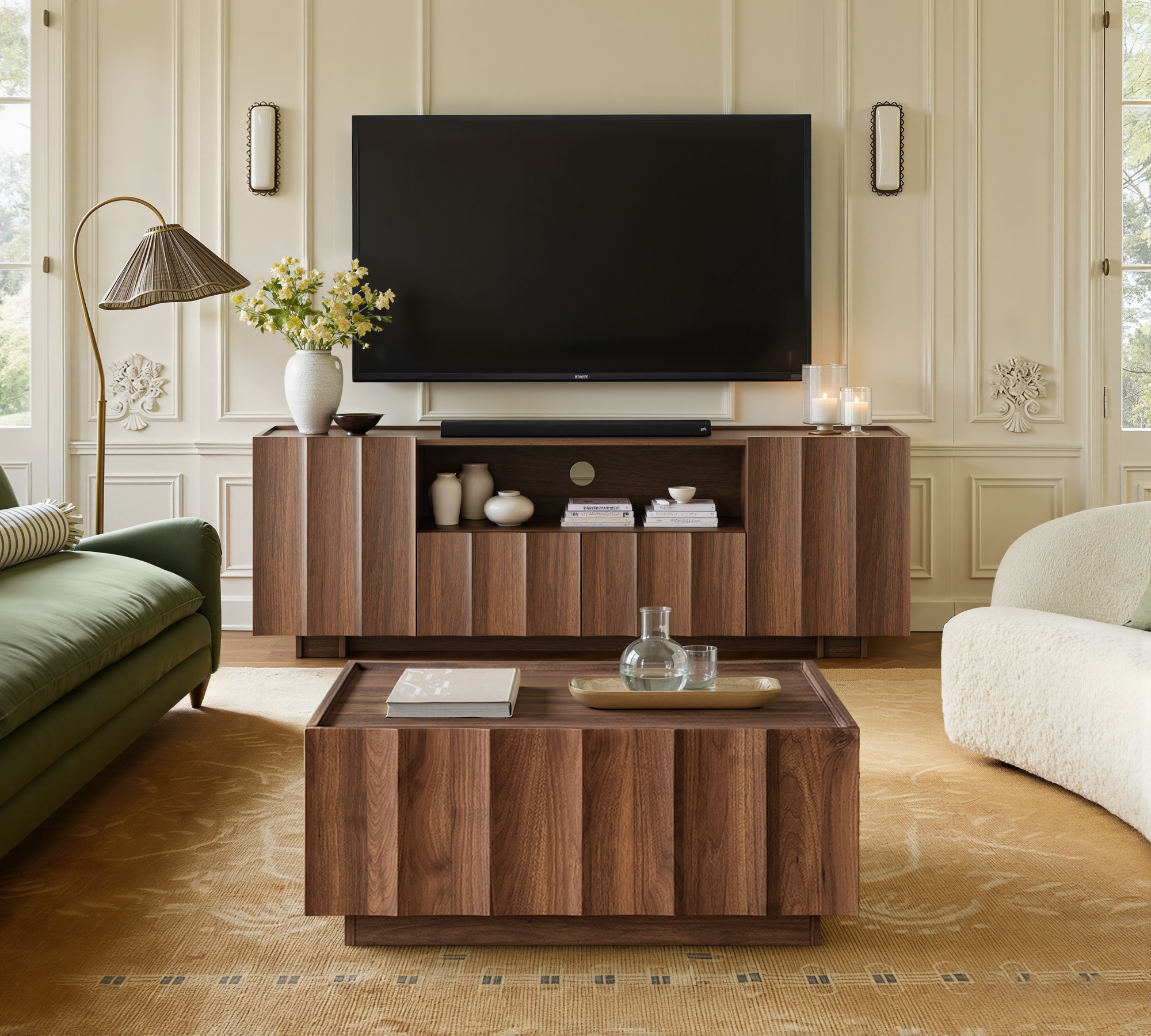 win2win 61" TV Stand for 70 Inch TV, Mid Century Modern TV Stand with Wave Design, Wood Grain Finish, Media Console with Adjustable Shelves, Entertainment Center for Living Room Bedroom, Walnut