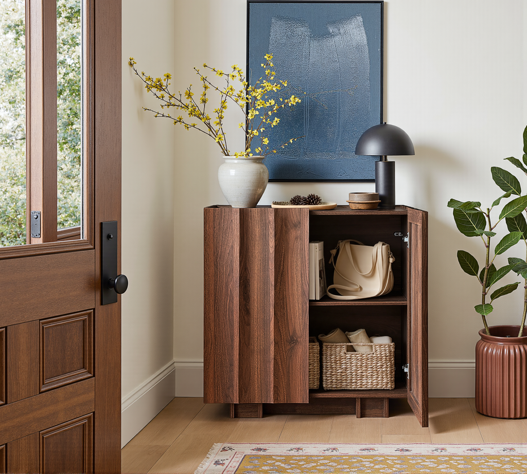 win2win Buffet Cabinet with Storage, Mid Century Modern Sideboard with Wave Design, Wood Grain Finish, Credenza with Adjustable Shelves, Modular Accent Cabinets for Living Dining Room Hallway, Walnut