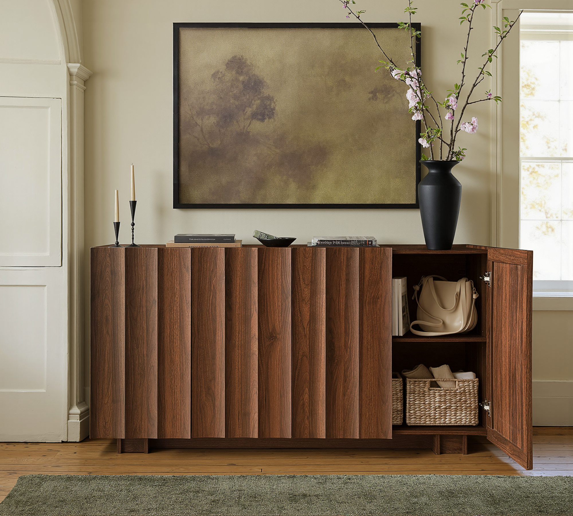 win2win 61.7" Buffet Cabinet with Storage, Mid Century Modern Sideboard with Wave Design, Wood Grain Finish, Credenza with Adjustable Shelves, Modular Cabinets for Living Dining Room Hallway, Walnut