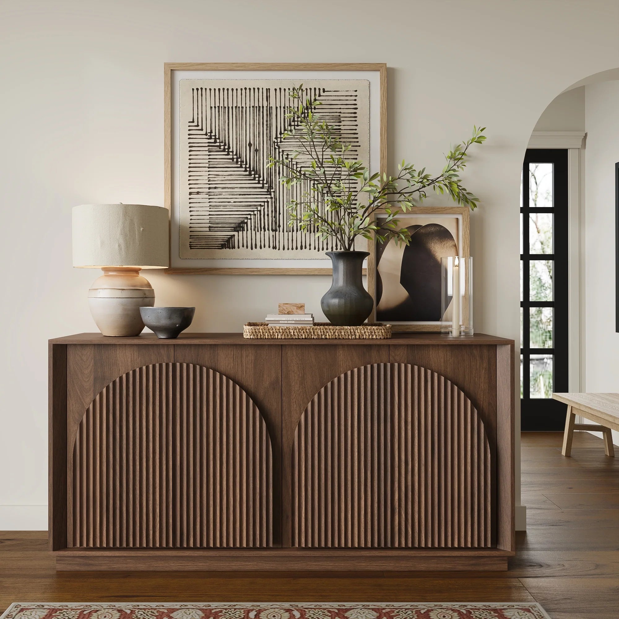 Fluted 4-Door Buffet Cabinet  Walnut