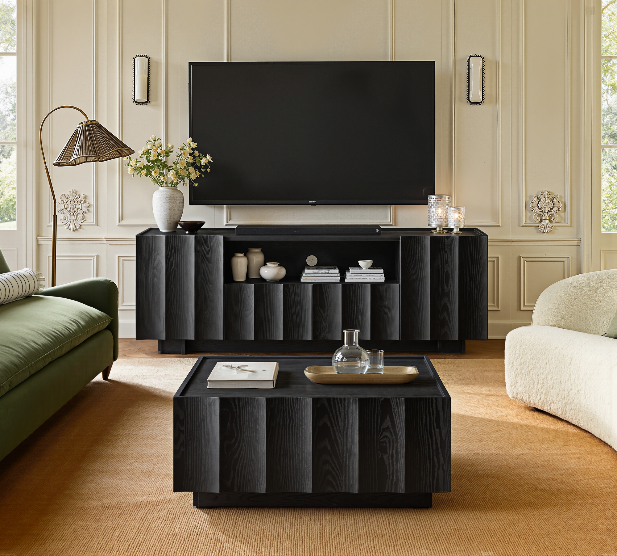 win2win 61" TV Stand for 70 Inch TV, Mid Century Modern TV Stand with Wave Design, Wood Grain Finish, Media Console with Adjustable Shelves, Entertainment Center for Living Room Bedroom, Black