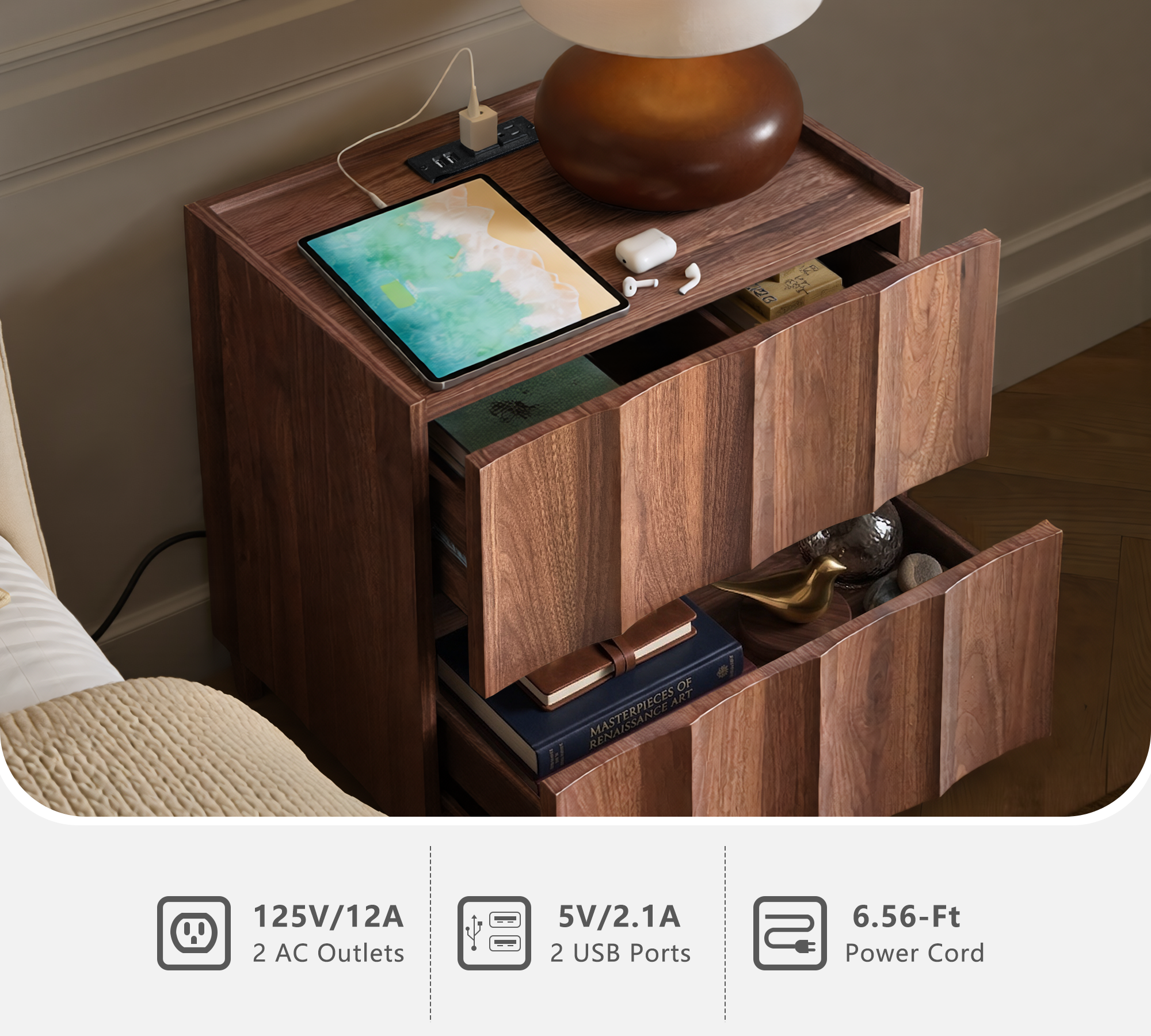 win2win Fluted Nightstand with Charging Station, Mid Century Modern Nightstand with Wave Design, Modern Bedside Table with Drawer Storage, Minimalist End Table for Bedroom Living Room, Walnut