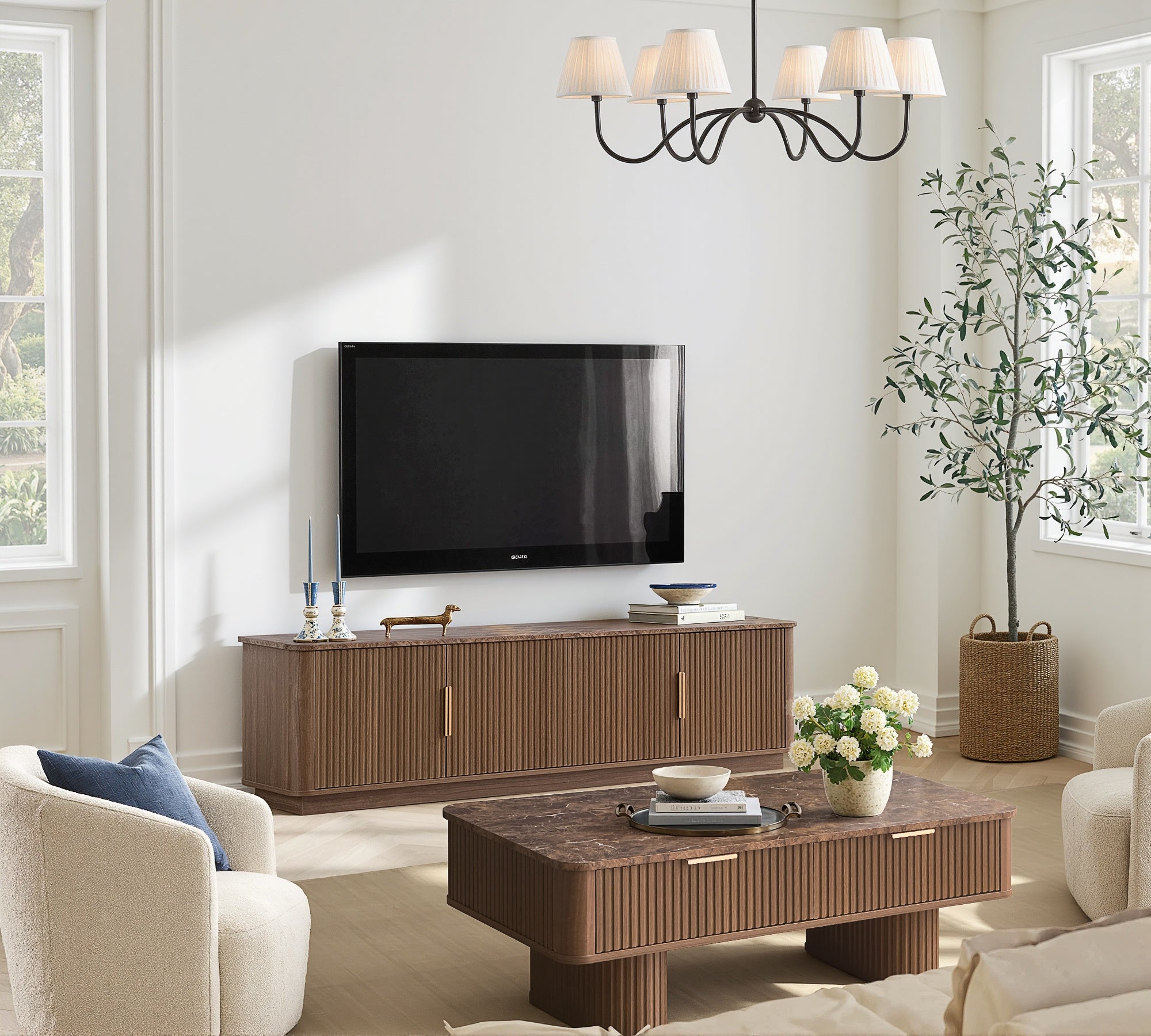 Win2win Fluted Coffee Table with Storage, Mid Century Modern Coffee Table with Faux Marble Top, Minimalist Rectangle Center Table with Sculptural Pedestal Legs & Drawers for Living Room/Office, Walnut Visit the win2win Store