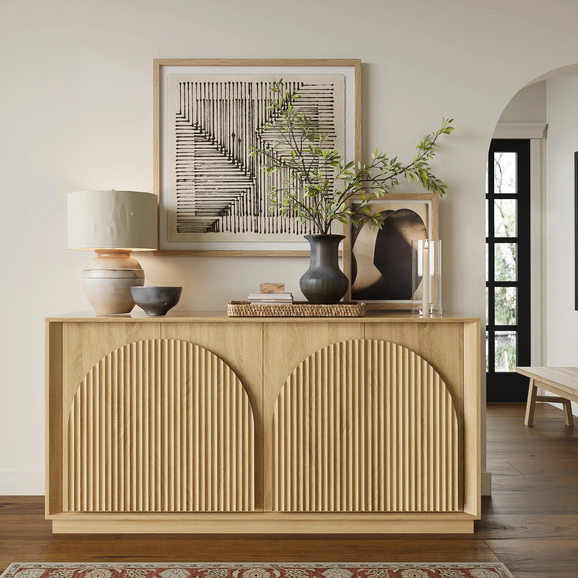 Win2Win Fluted 4-Door Sideboard Buffet Cabinet – 65" Oak win2win