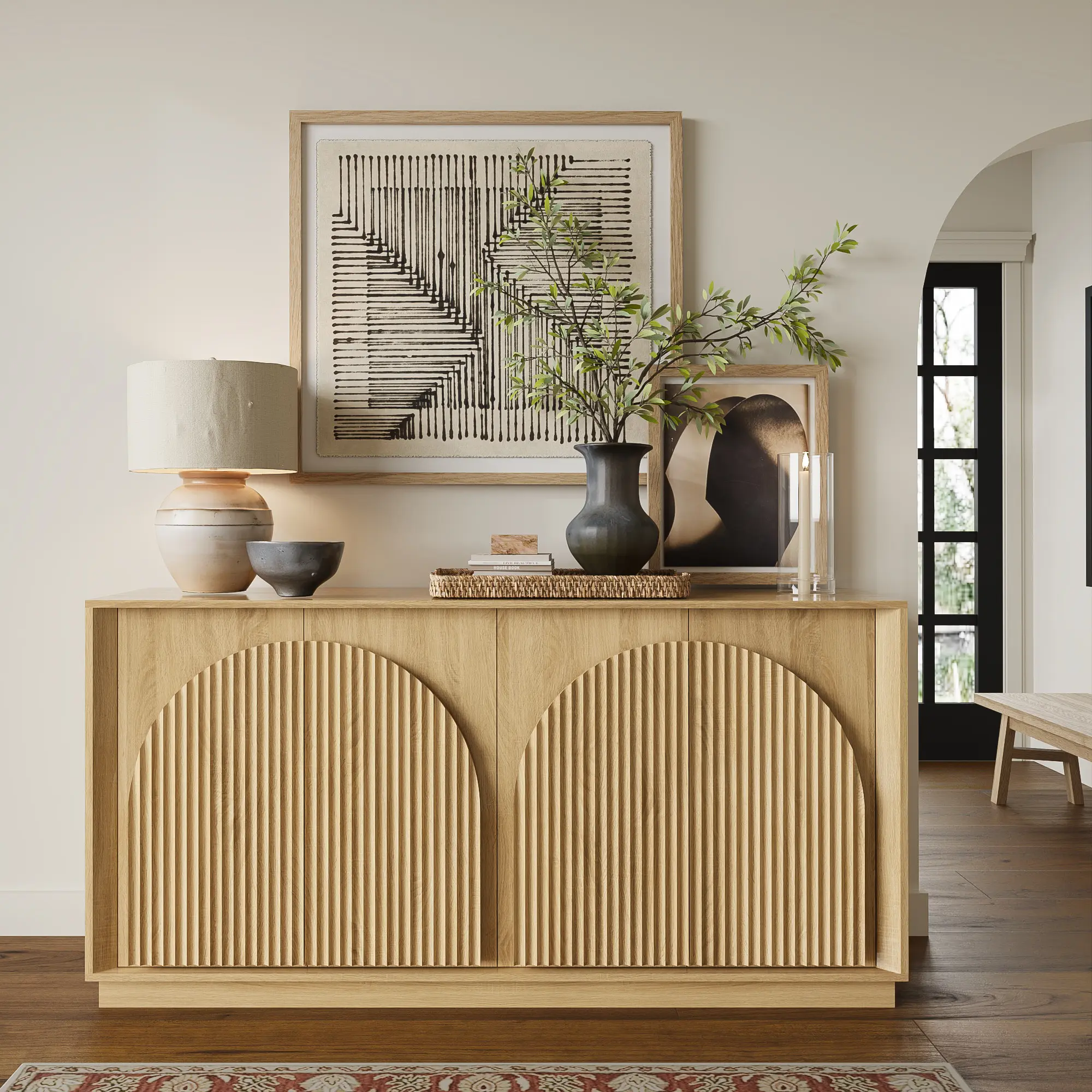 Win2Win Fluted 4-Door Sideboard Buffet Cabinet – 65" Oak win2win